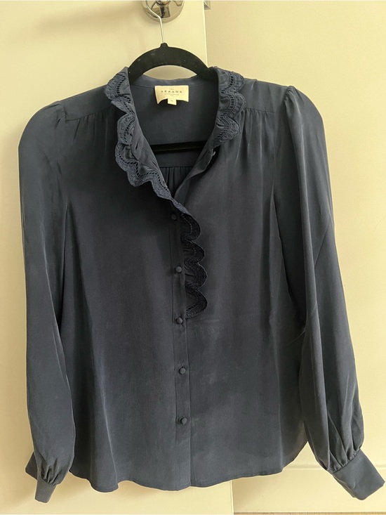 Sezane Tops - Sezane Chloe Navy Ruffle-Trim Long Sleeve Silk Blouse Size 32